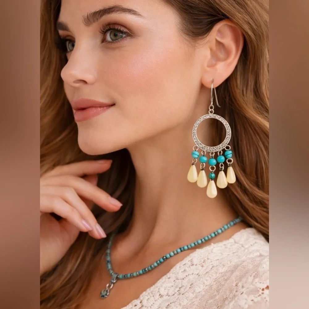 Silpada W1346 925 Sterling Silver Turquoise + Mother of Pearl Earrings HTF